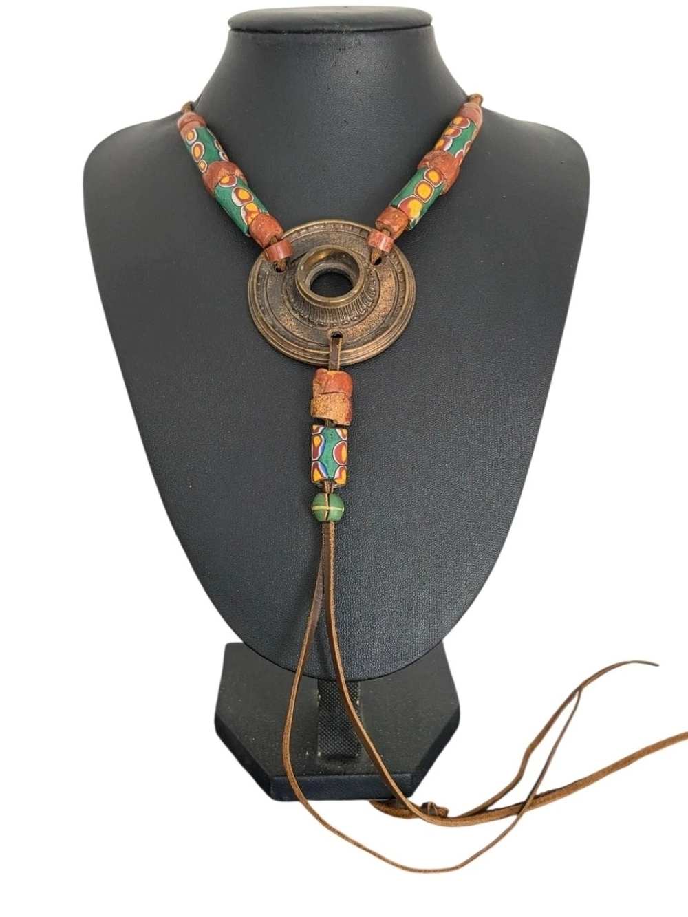 Vintage Ethnic Tribal Style Necklace Brass Medallion Leather Cord Mosaic Beads
